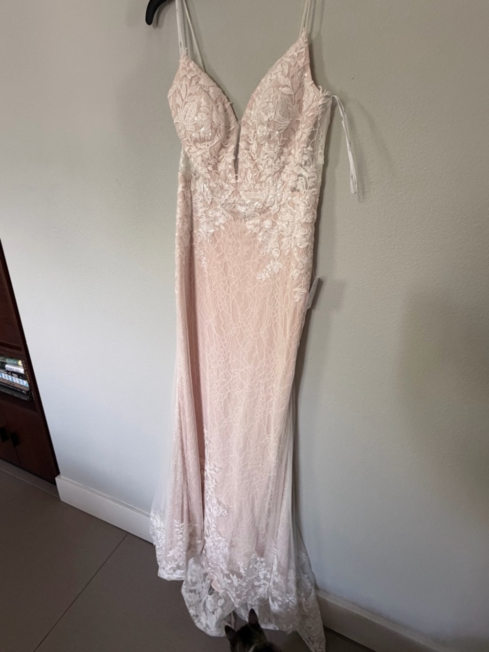 Lulu's Blush Lace Plunge Wedding Gown with Floral Appliqué